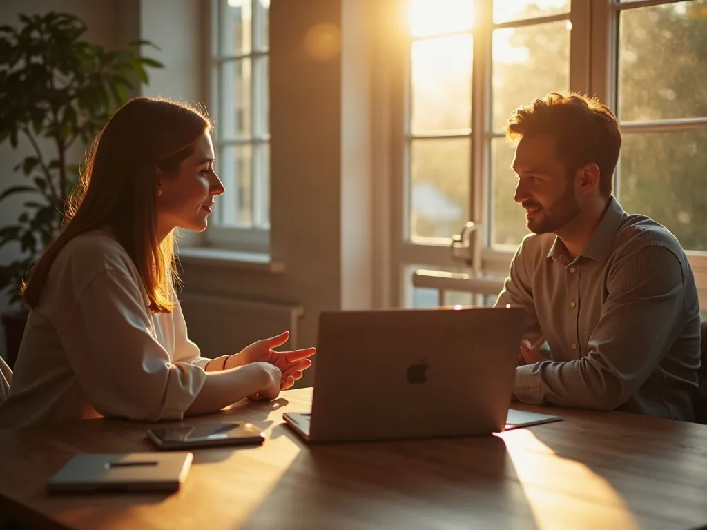 Two professionals having a relaxed strategy conversation over a laptop