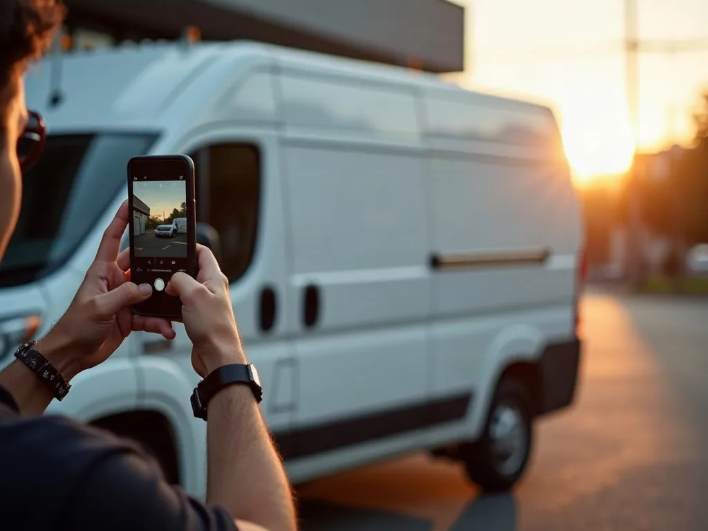 Local business owner photographing an unmarked service van for current business imagery
