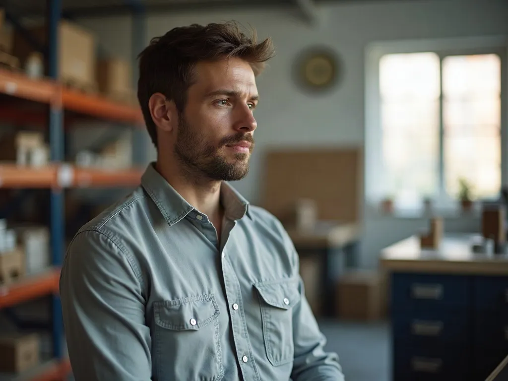 A home service business owner standing in a bright workshop office