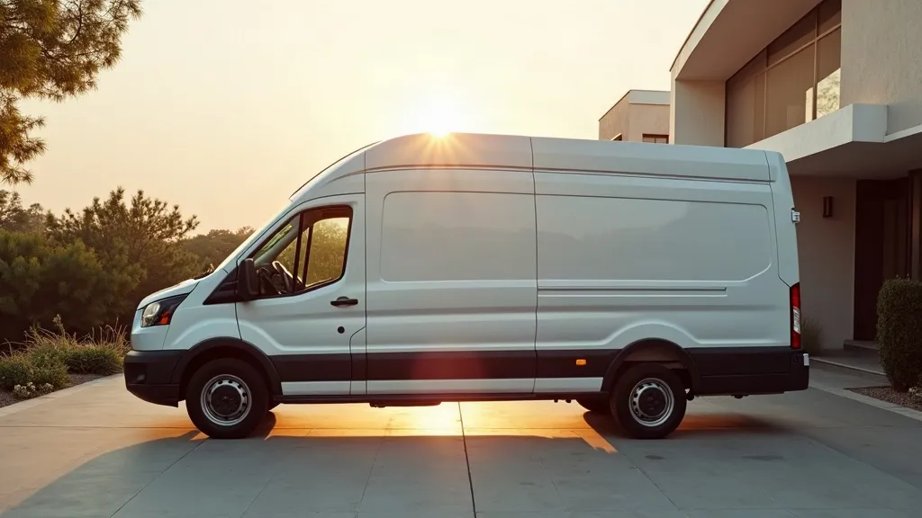 A clean service van parked at a premium modern home at golden hour