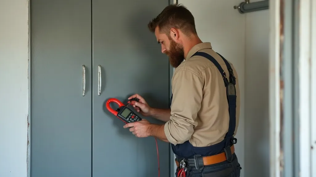 Residential electrician testing equipment beside an electrical panel
