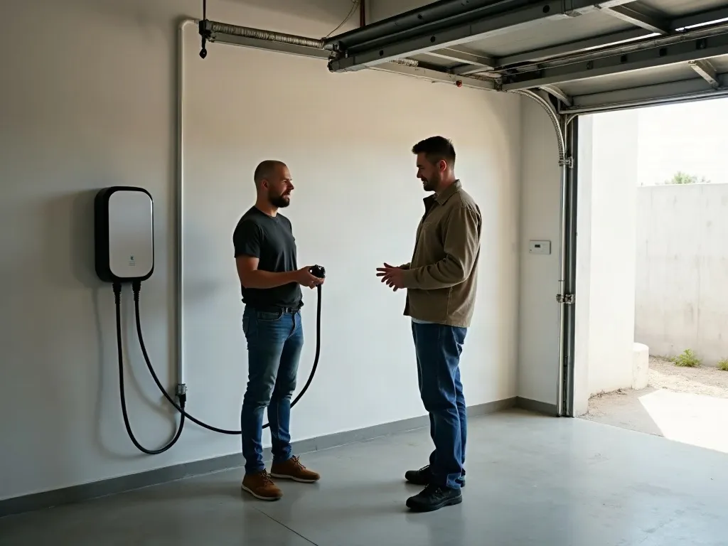 Electrician and homeowner discussing a residential EV charger installation