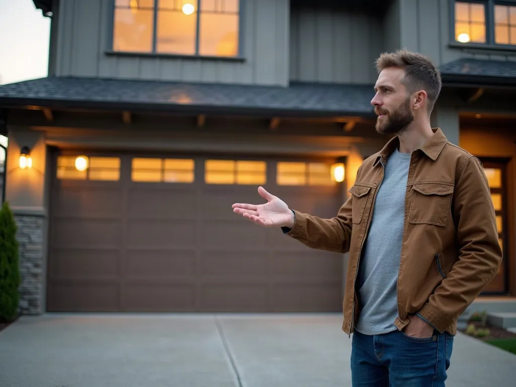 Garage door professional discussing a replacement door outside a home