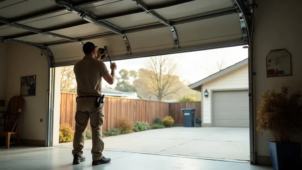 Garage door technician inspecting an open residential garage door