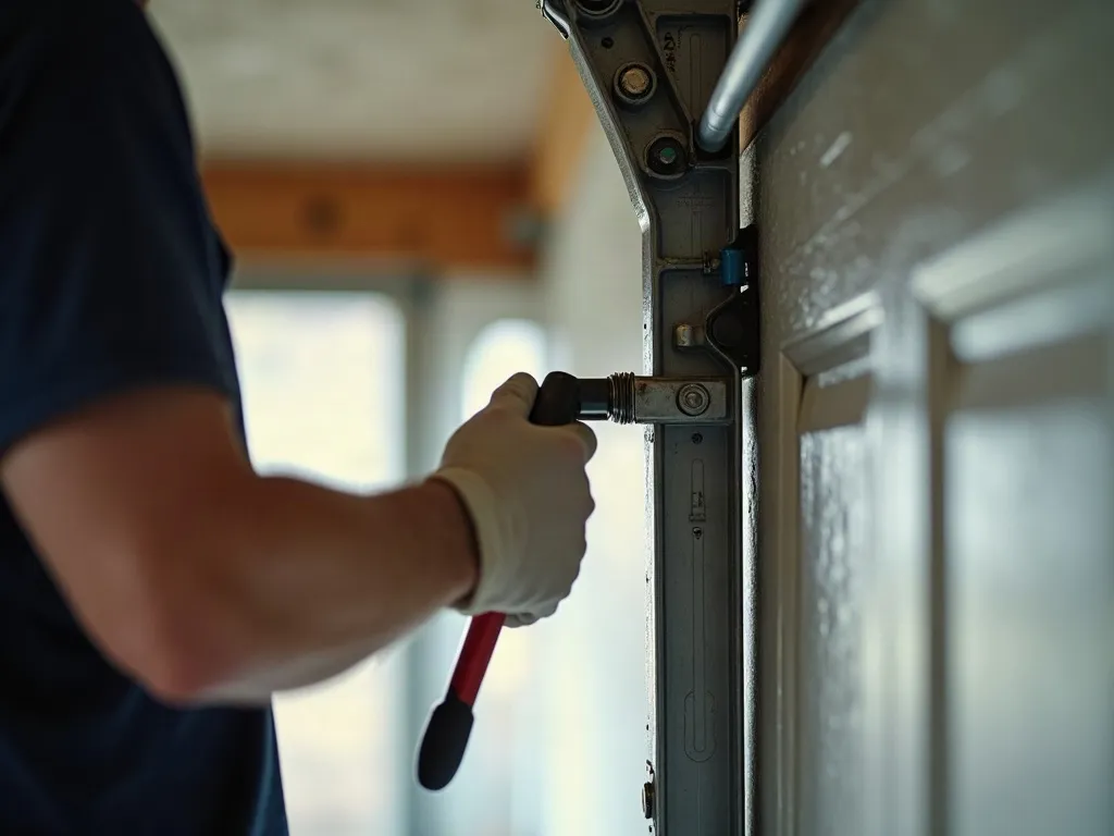 Garage door technician inspecting residential rollers and track