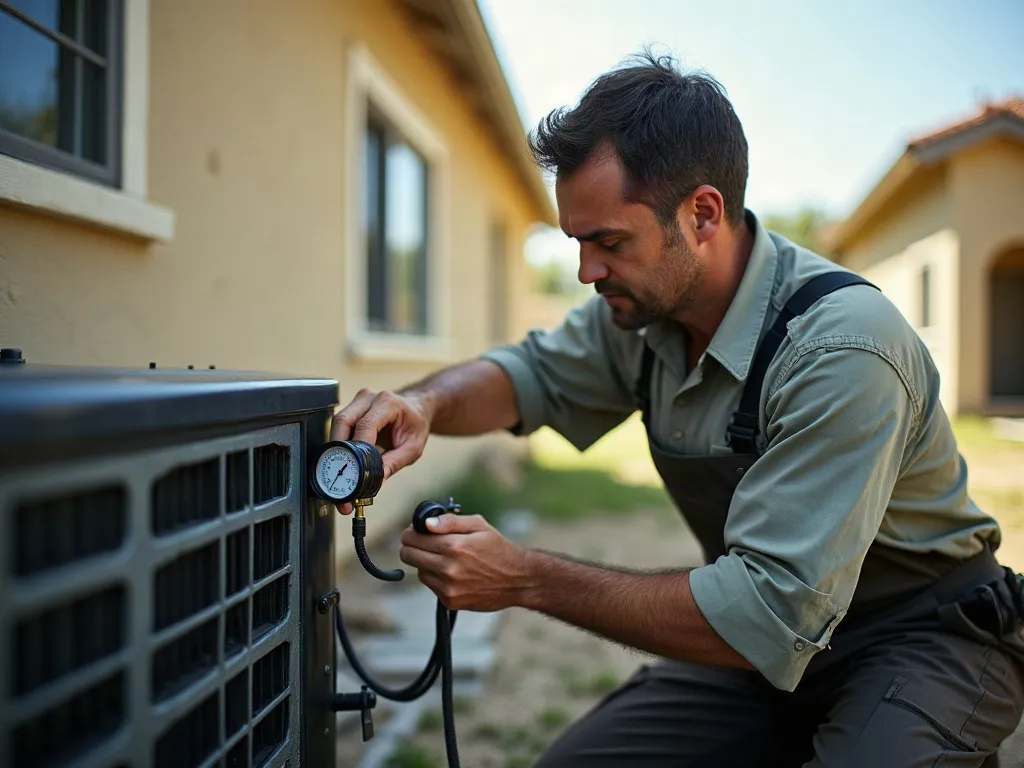 HVAC technician checking gauges on a residential air conditioning condenser