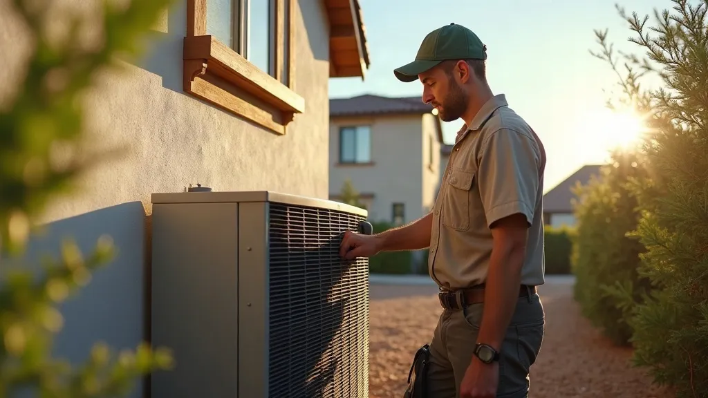 HVAC technician inspecting a residential air conditioning condenser