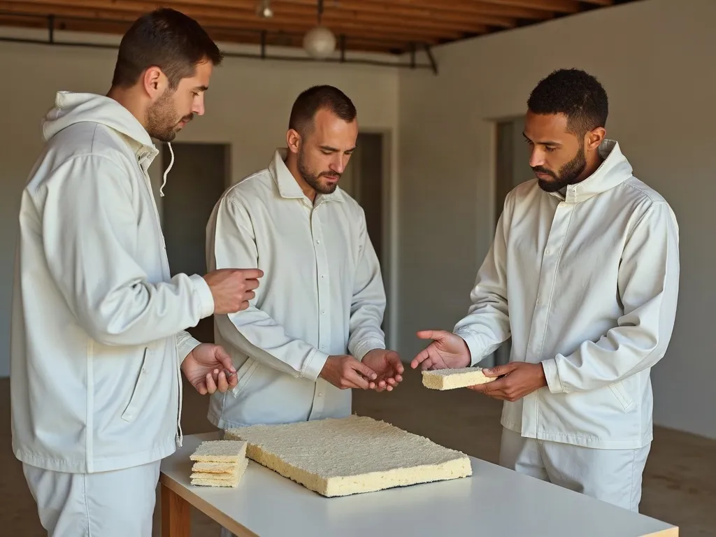 Insulation professionals comparing material samples at a workbench