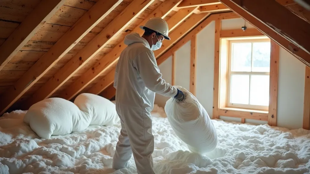 Insulation professional working inside a residential attic