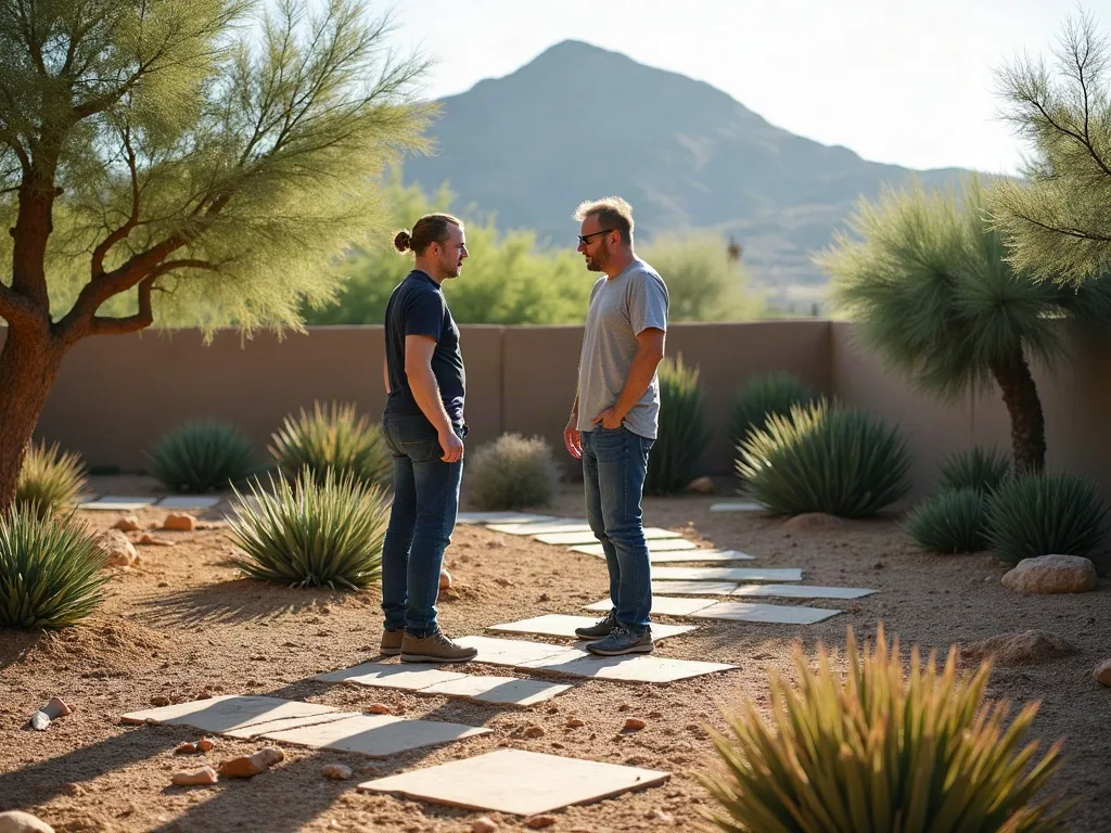 Landscape designer and homeowner reviewing materials for a backyard project