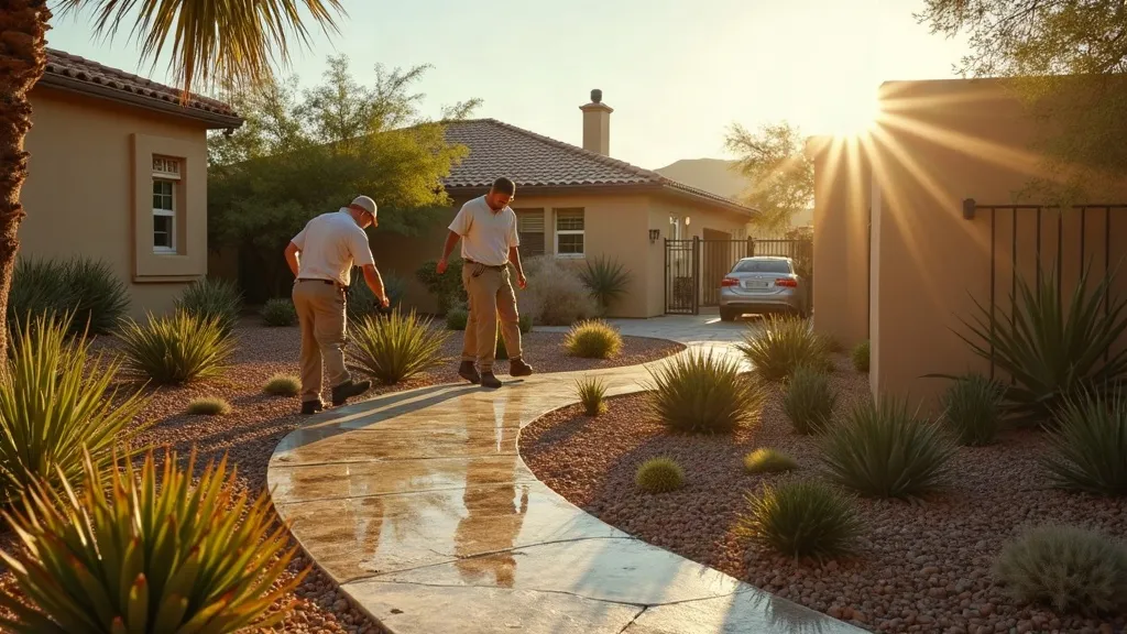 Landscaping crew maintaining a Southwestern residential yard