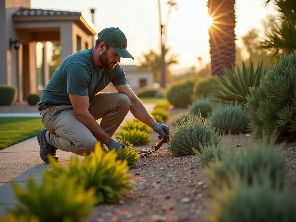 Landscape professional maintaining desert plants in a residential garden