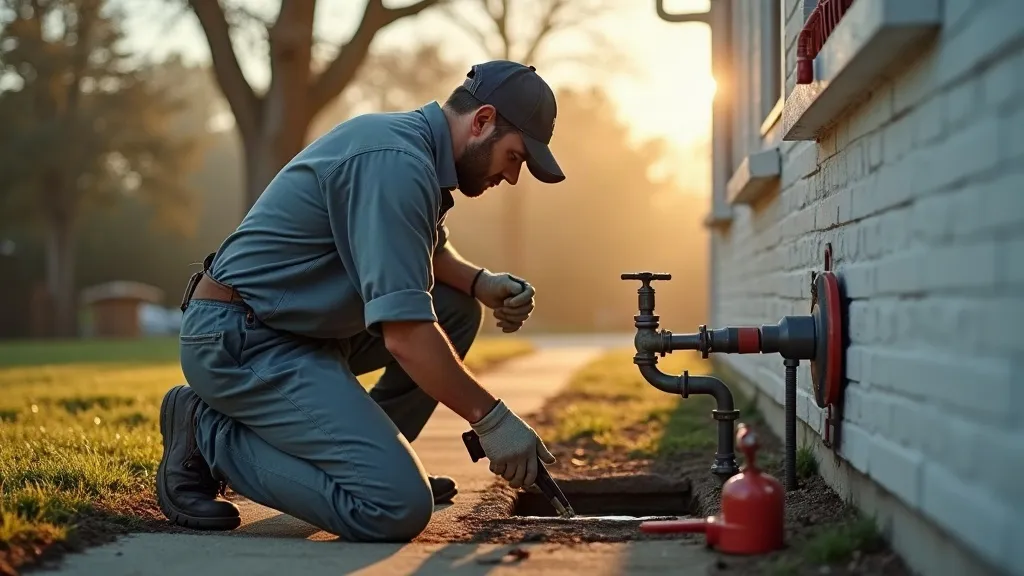 Residential plumber working at an outdoor plumbing cleanout