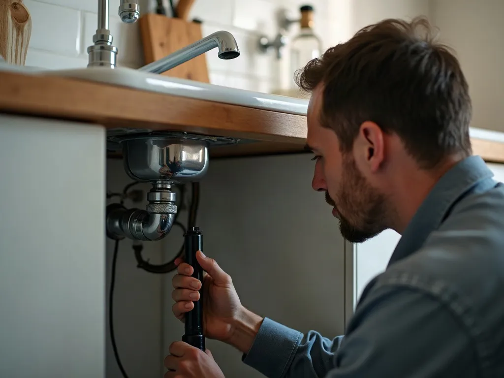 Residential plumber repairing pipes beneath a kitchen sink