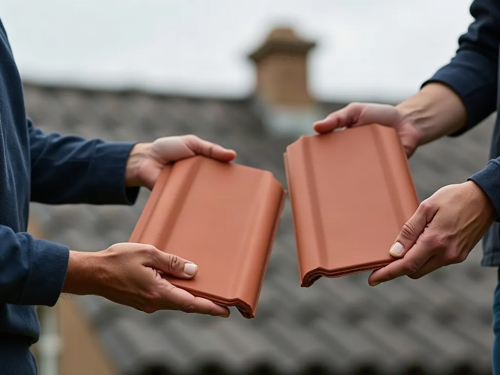 Roofing professional and homeowner comparing roofing material samples
