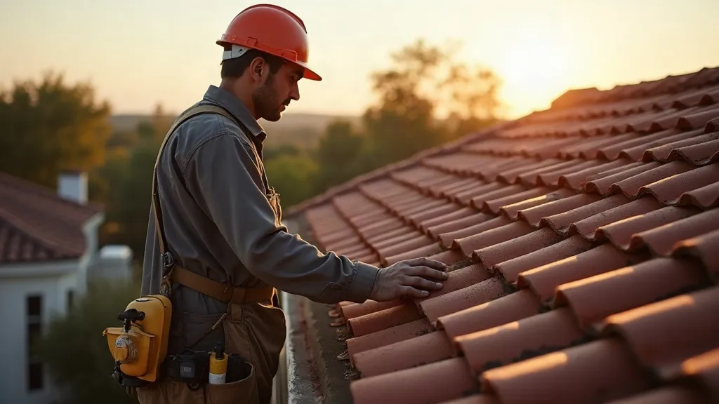 Residential roofing professional inspecting a tile roof