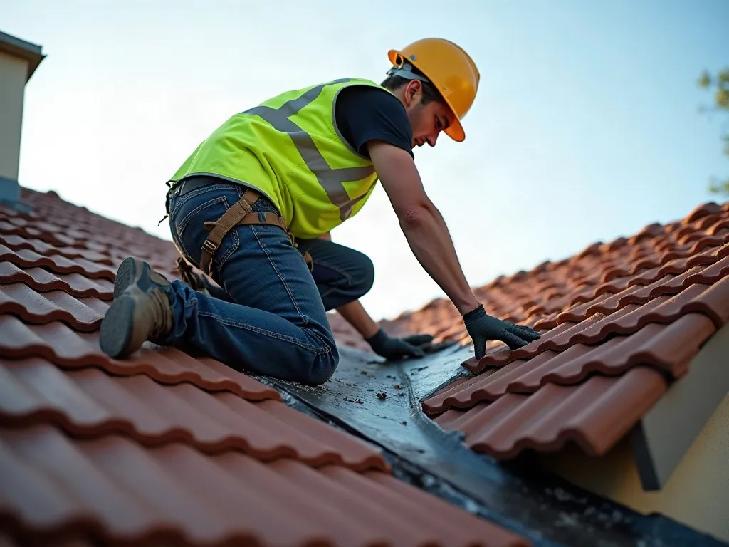 Residential roofer inspecting tile and flashing on a roof
