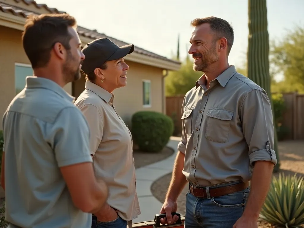 Home service team speaking with a homeowner outside an established Mesa-area home