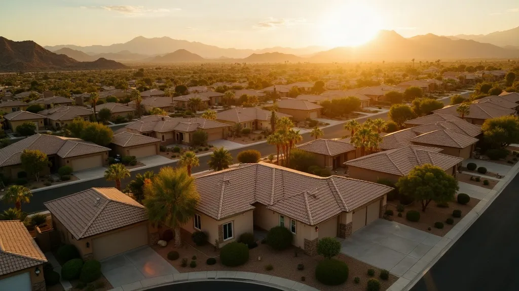 Aerial view of a sunlit Arizona suburban neighborhood at golden hour