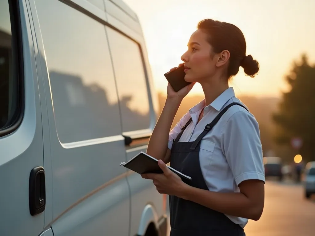 Home service professional answering a customer call beside an unmarked work van