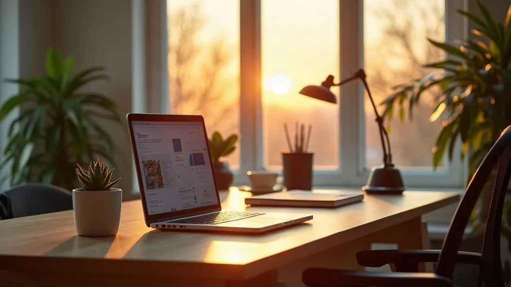 A clean modern marketing workspace at golden hour